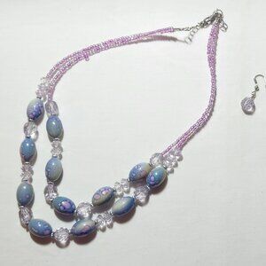 Pretty necklace & earring set pink lavender blue silver tone EUC